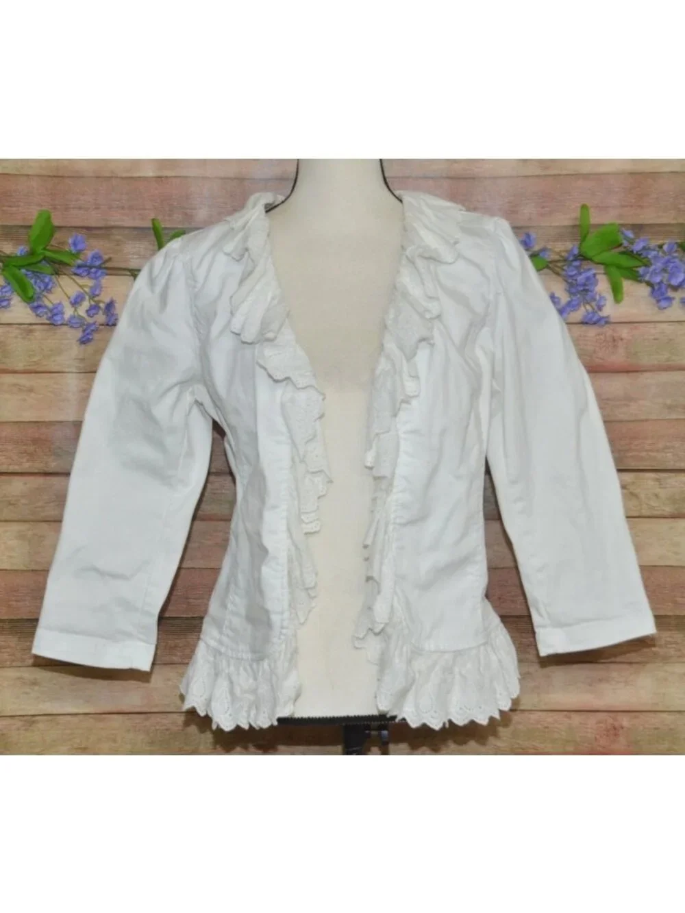 Ralph Lauren Jeans Co White Denim Ruffle Eyelet Lace Jacket Blazer Size 12 Boho - Picture 4 of 12